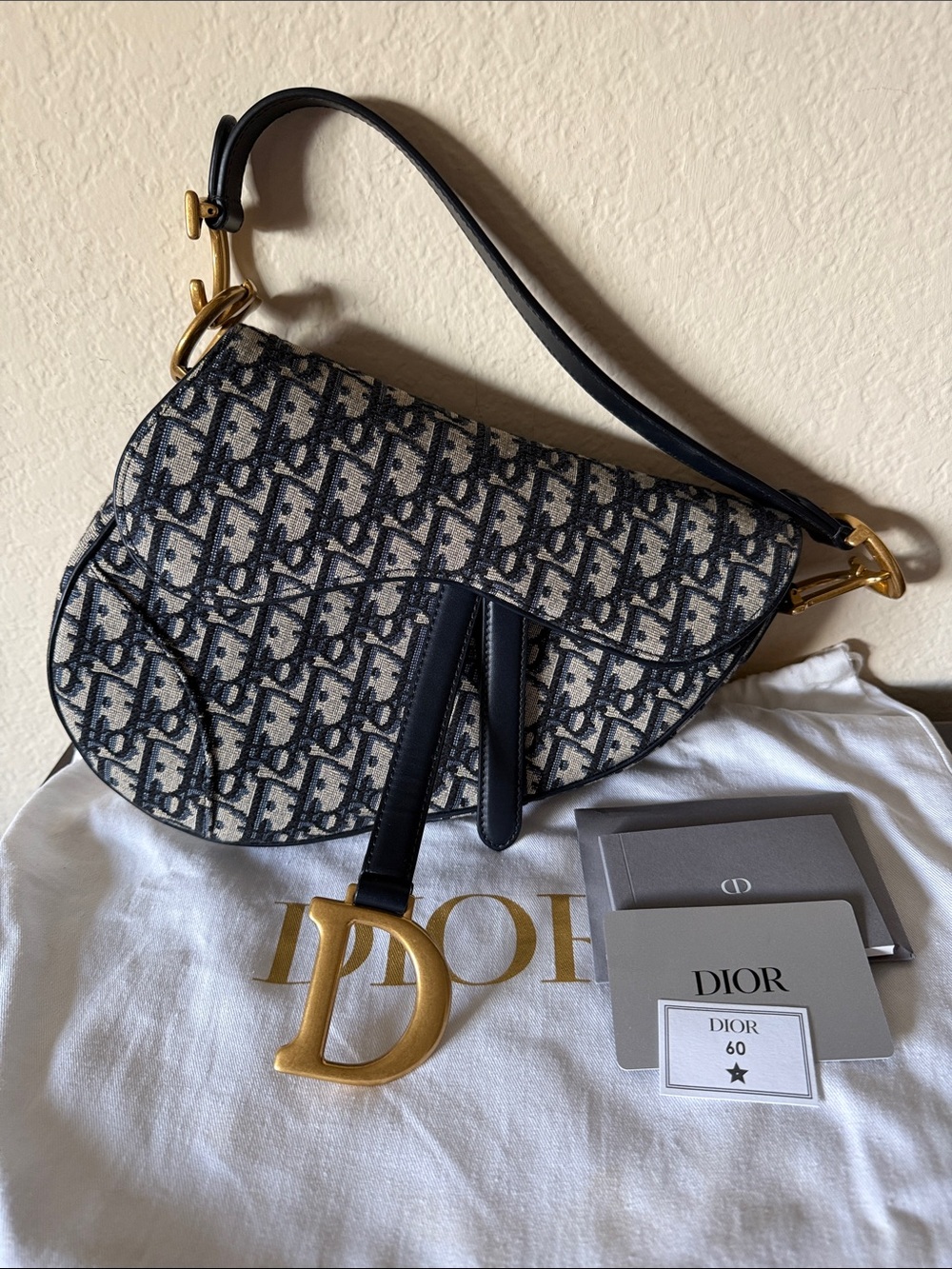 Dior Navy and Cream Oblique Saddle Shoulder Bag with Gold 'D' Charm